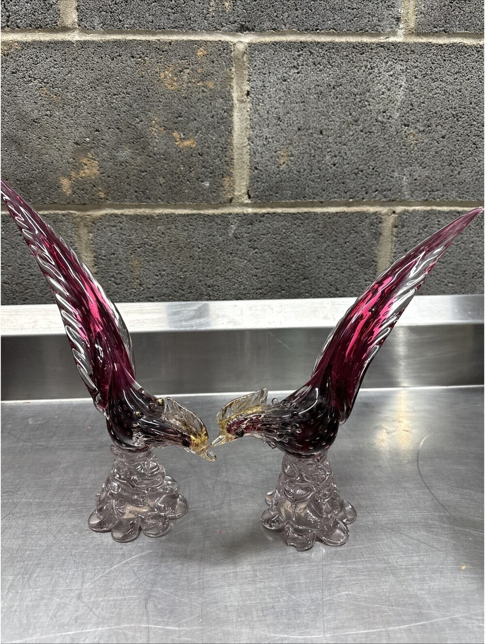 Vintage Murano Roosters, Golden Crown, E&R Italy, Purple